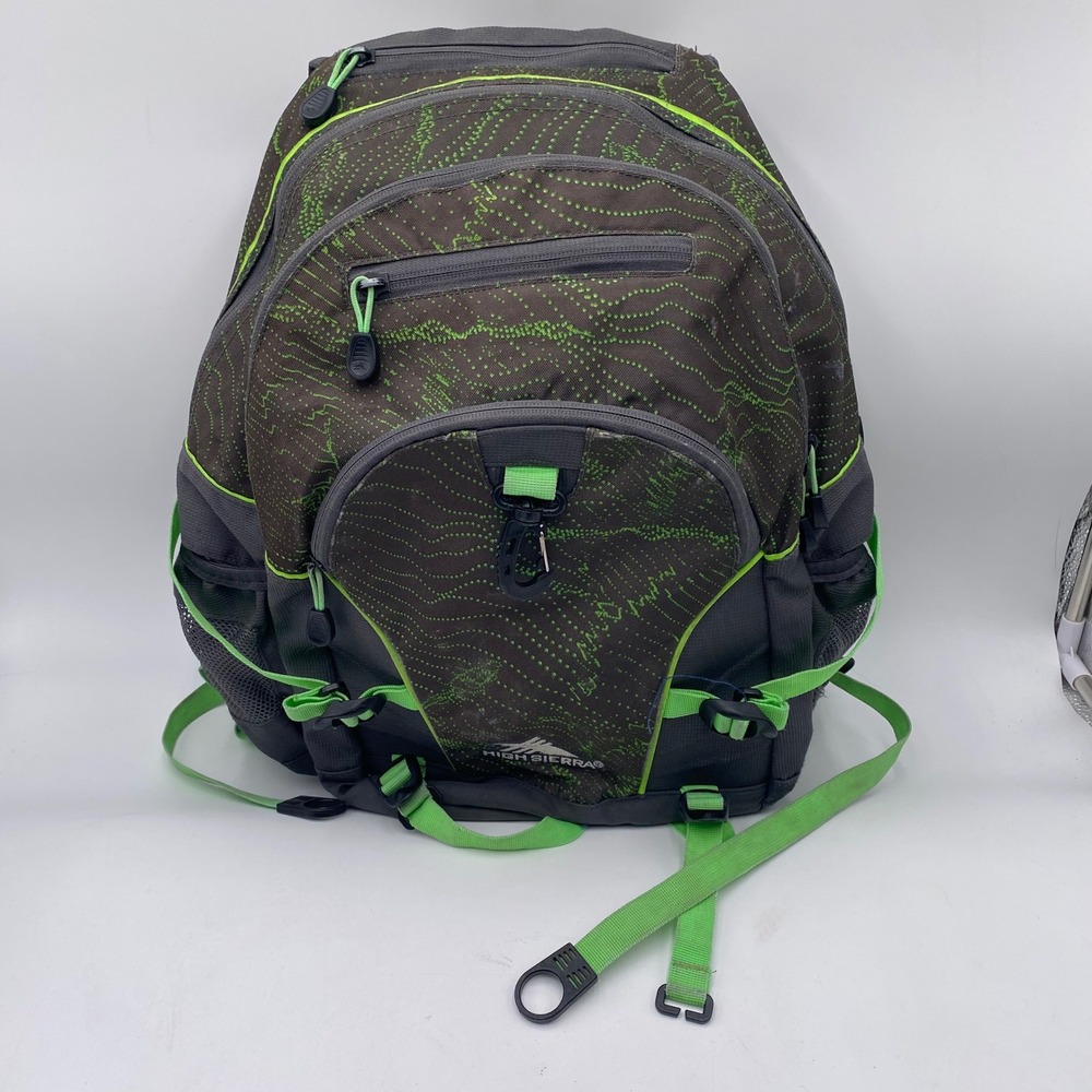 High Sierra Access Backpack Grey Lime Green Topo Print Padded Laptop School Bag